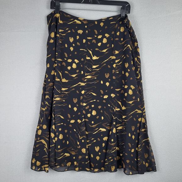 Y2K Beliza Size 12 Flared Midi Skirt Black Brown Animal Print Chiffon Mob Wife - Picture 1 of 8